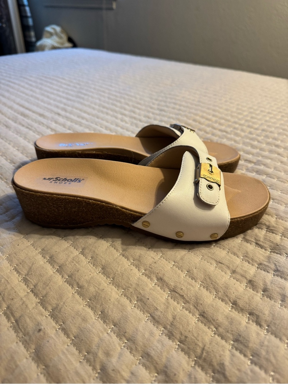 Dr. Scholl's White Cork Wedge Slide Sandals with Gold Buckle
